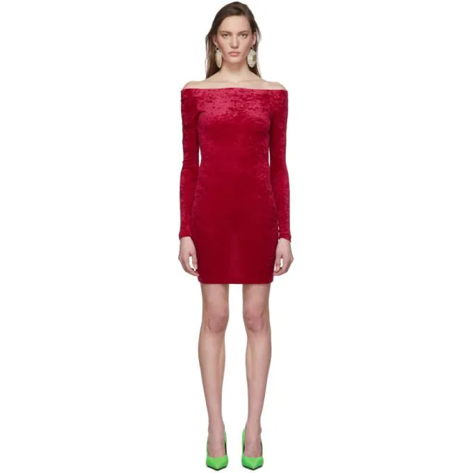Balenciaga Red Crushed Velvet Shorts Dress