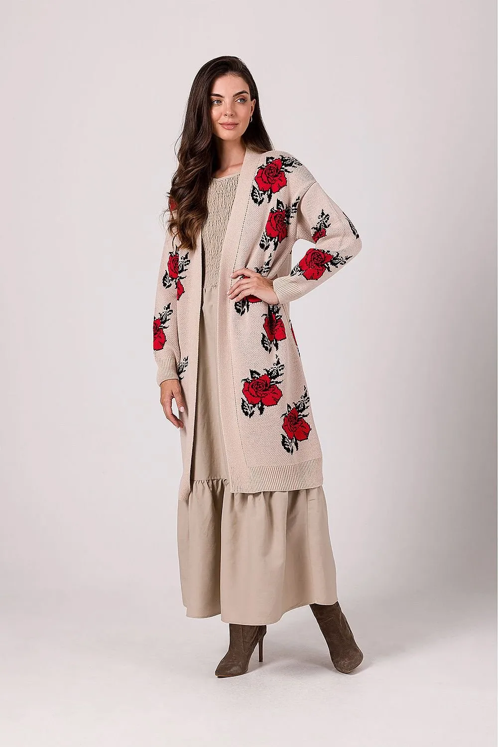 BE KNIT Women's European-made Long Opened Flower Sweater Cardigan