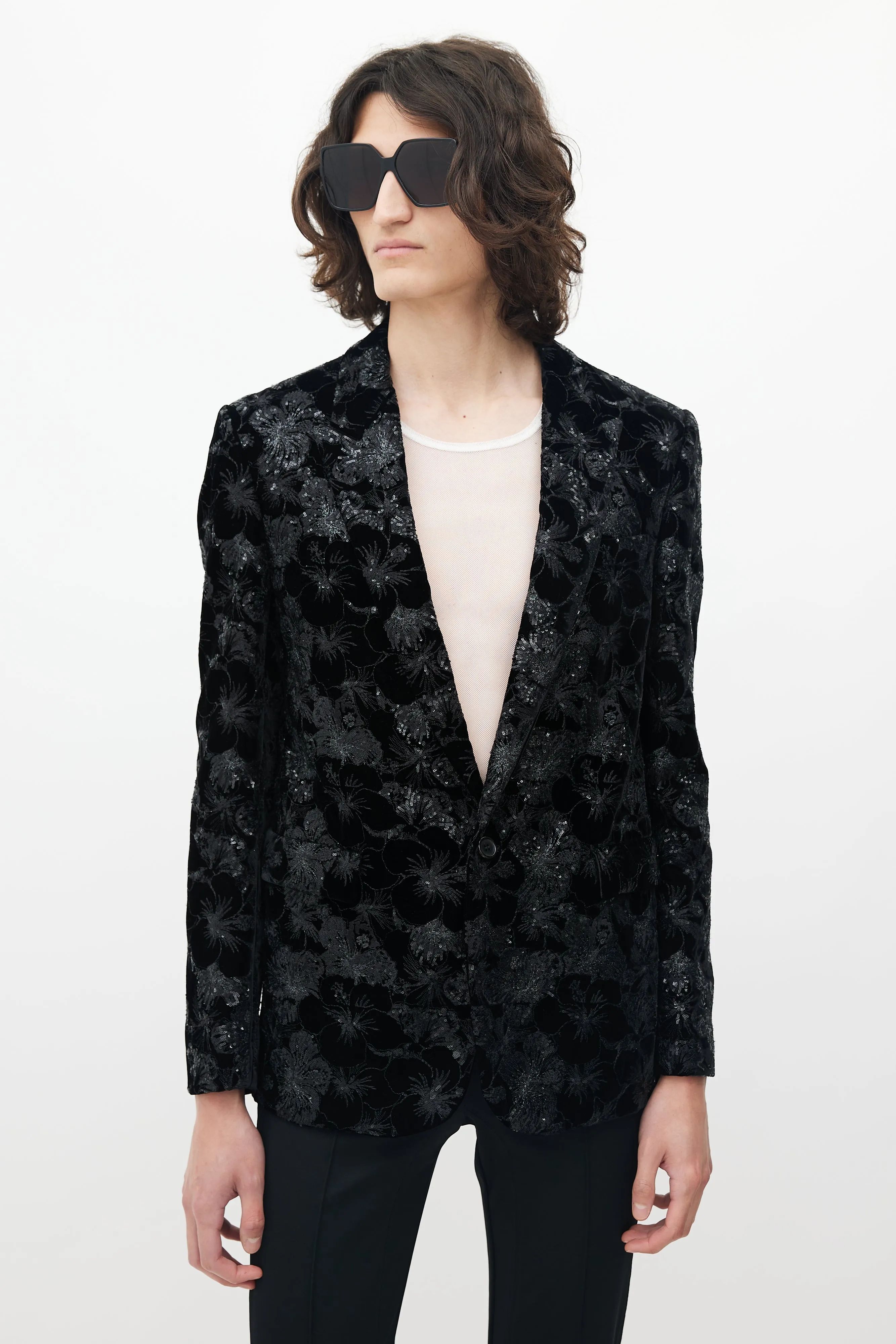 Black Velvet Floral Sequin Blazer