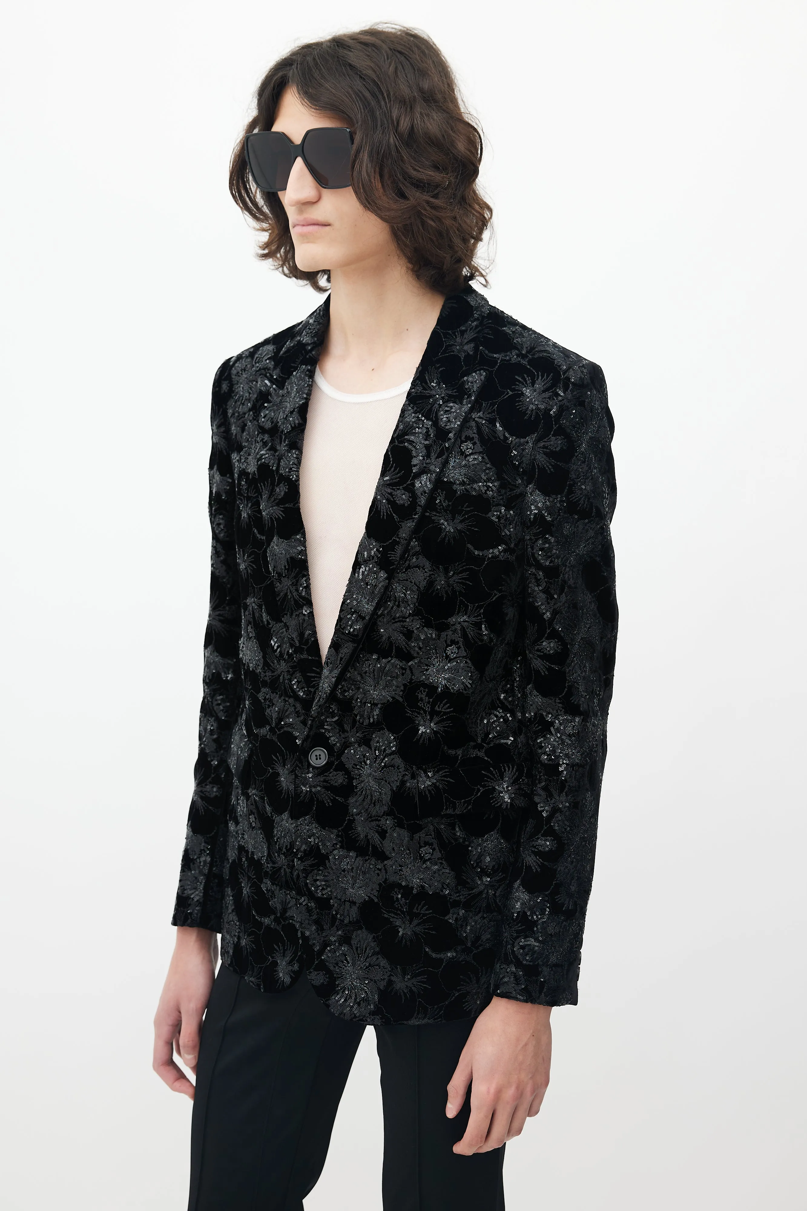 Black Velvet Floral Sequin Blazer