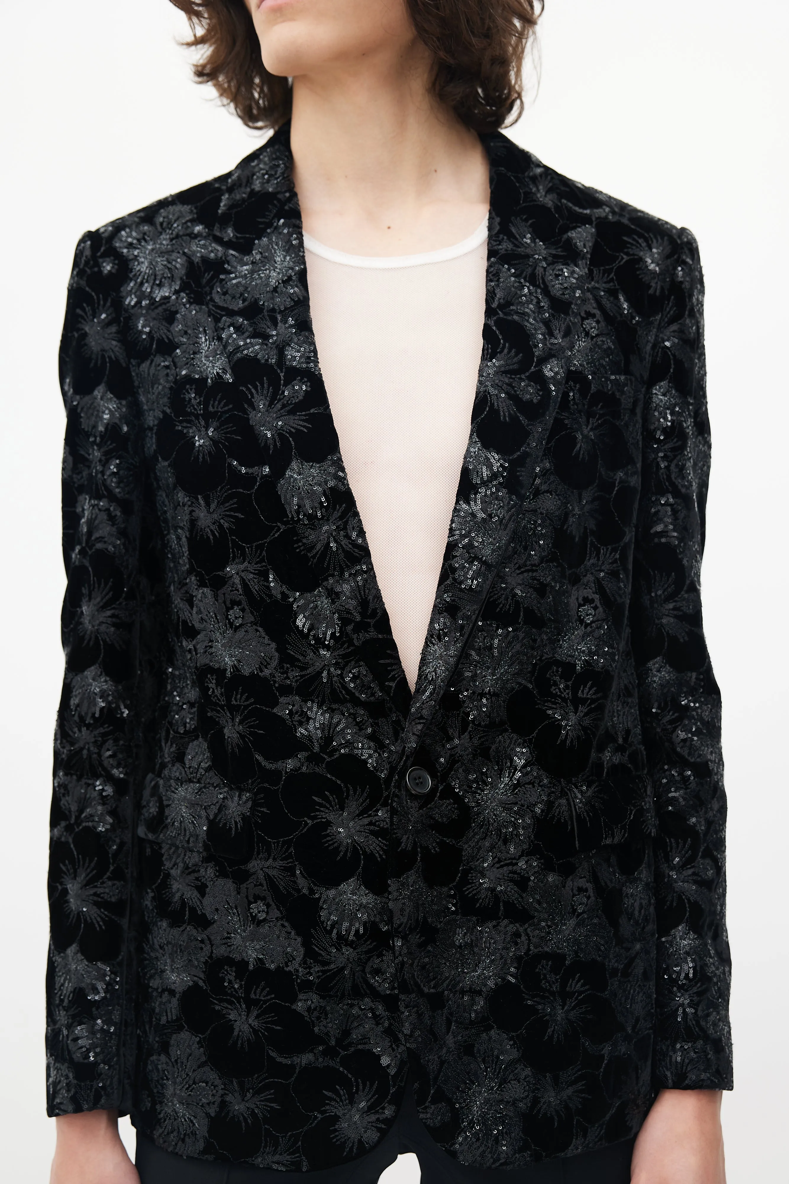 Black Velvet Floral Sequin Blazer