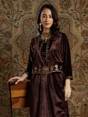 Women Brown Velvet Zari Embroidered Waistcoat