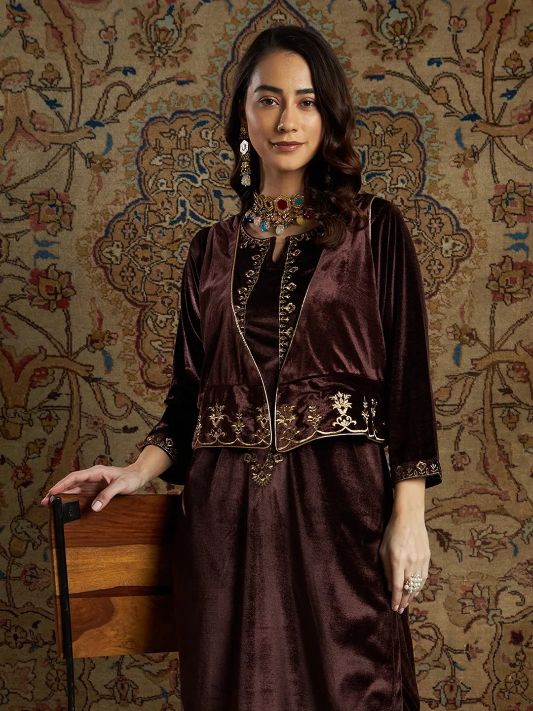 Women Brown Velvet Zari Embroidered Waistcoat