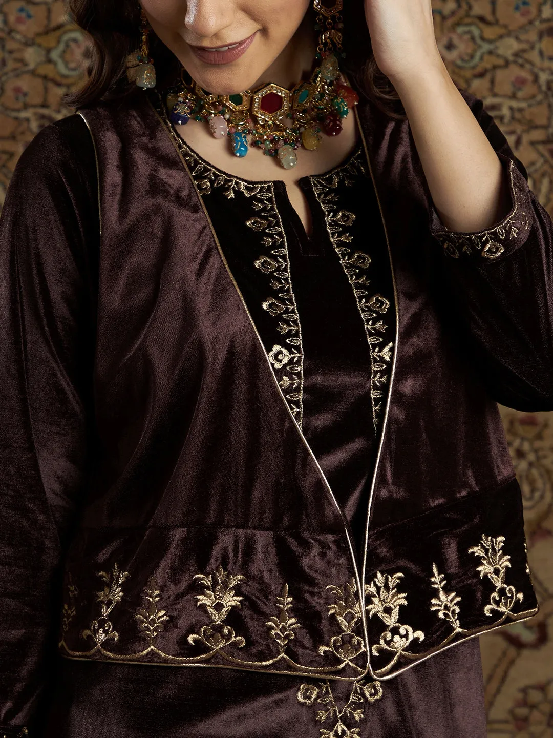 Women Brown Velvet Zari Embroidered Waistcoat
